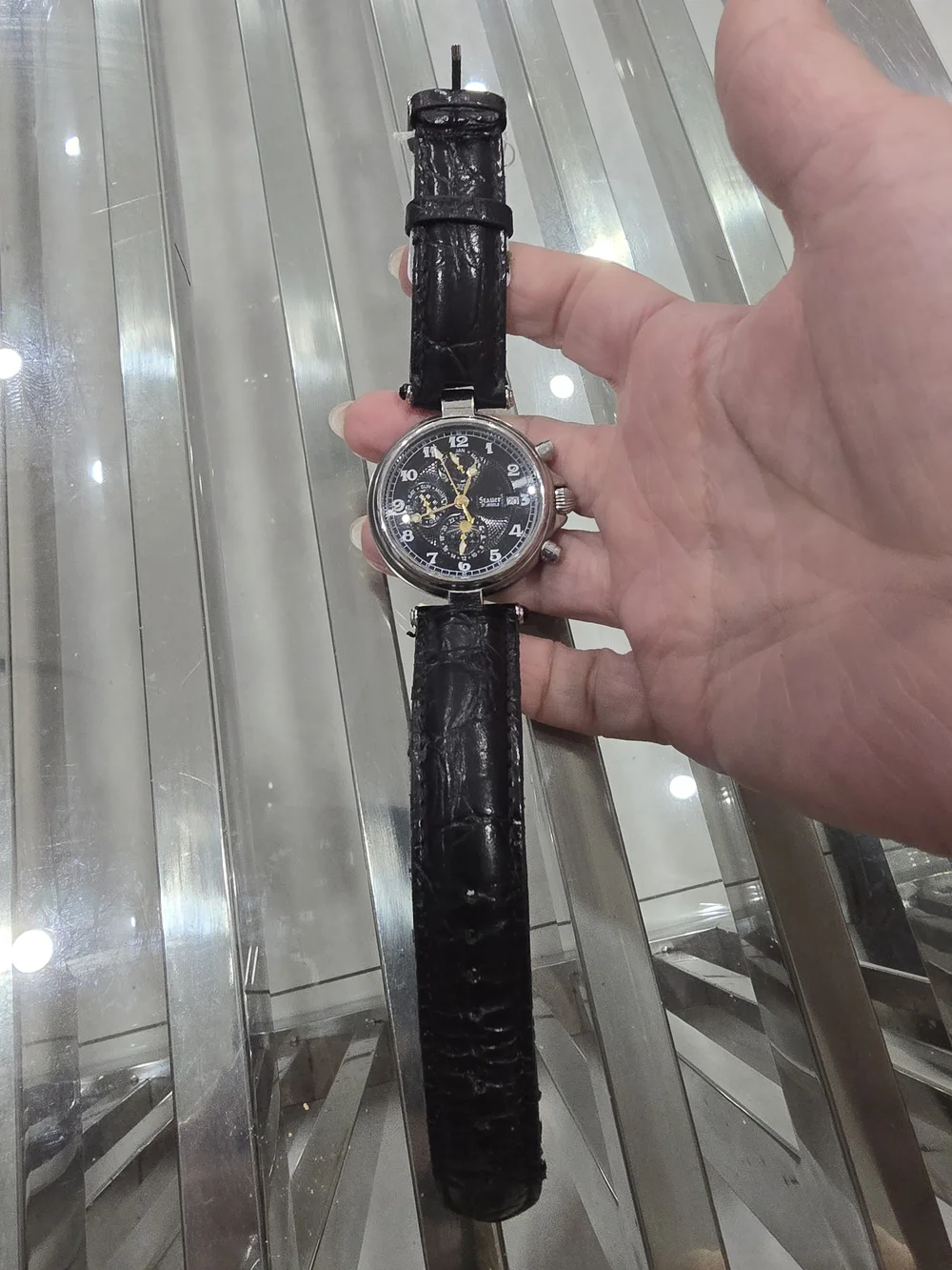 Men's Black Dial Chronograph Watch with Black Leather Strap